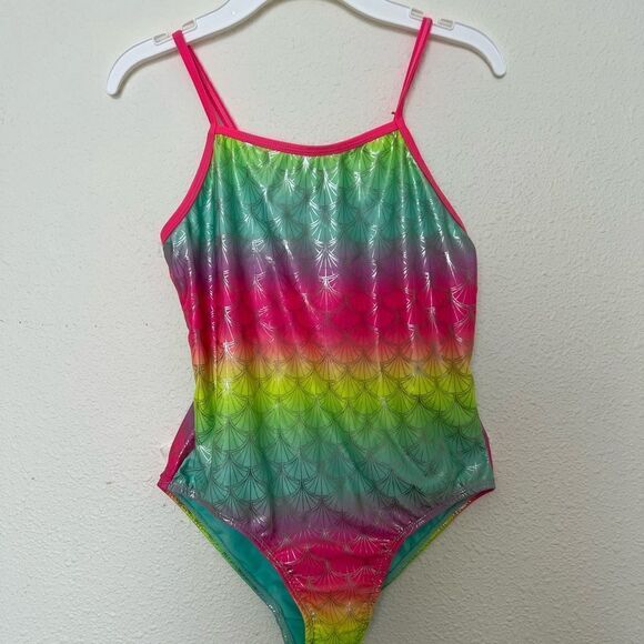 Girls One Piece Mermaid Swimsuit Large 10 12 Rainbow - Picture 1 of 3